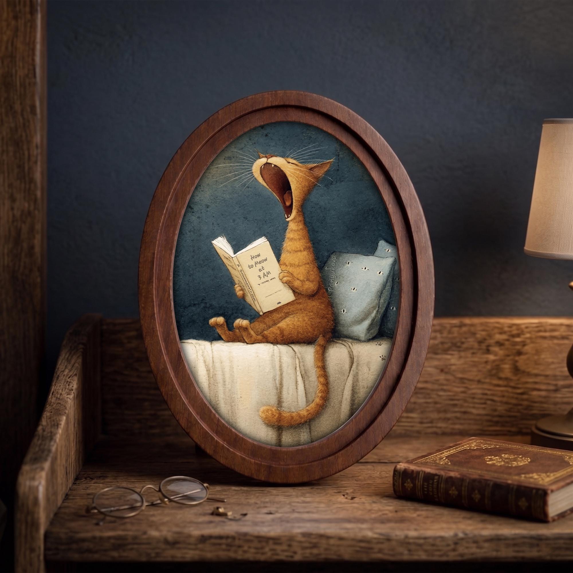 Funny Cat Reading Wall Art in Oval Wood Frame, Cute Cat Canvas Print, Whimsical Animal Decor, Cozy Bedroom Wall Art