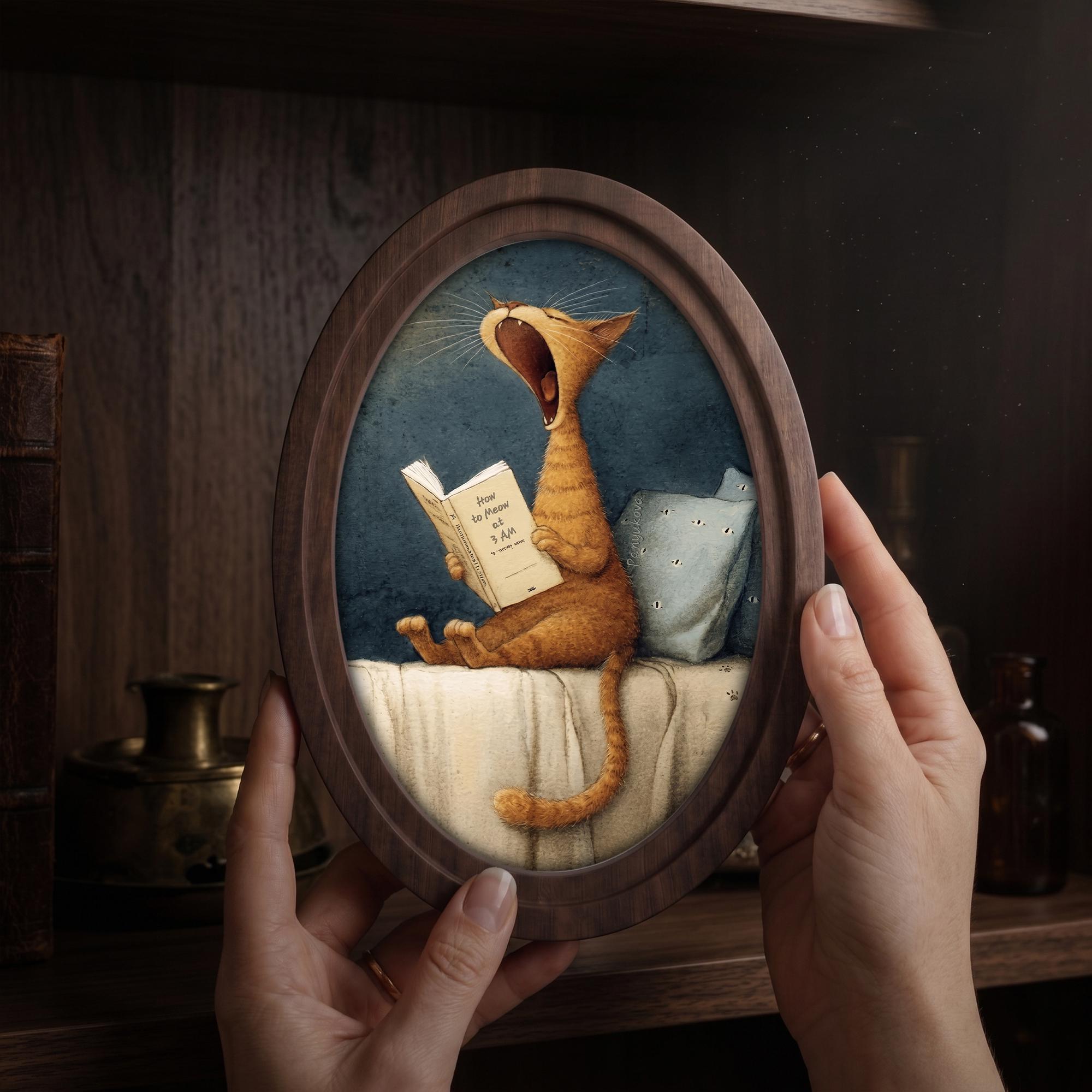 Funny Cat Reading Wall Art in Oval Wood Frame, Cute Cat Canvas Print, Whimsical Animal Decor, Cozy Bedroom Wall Art