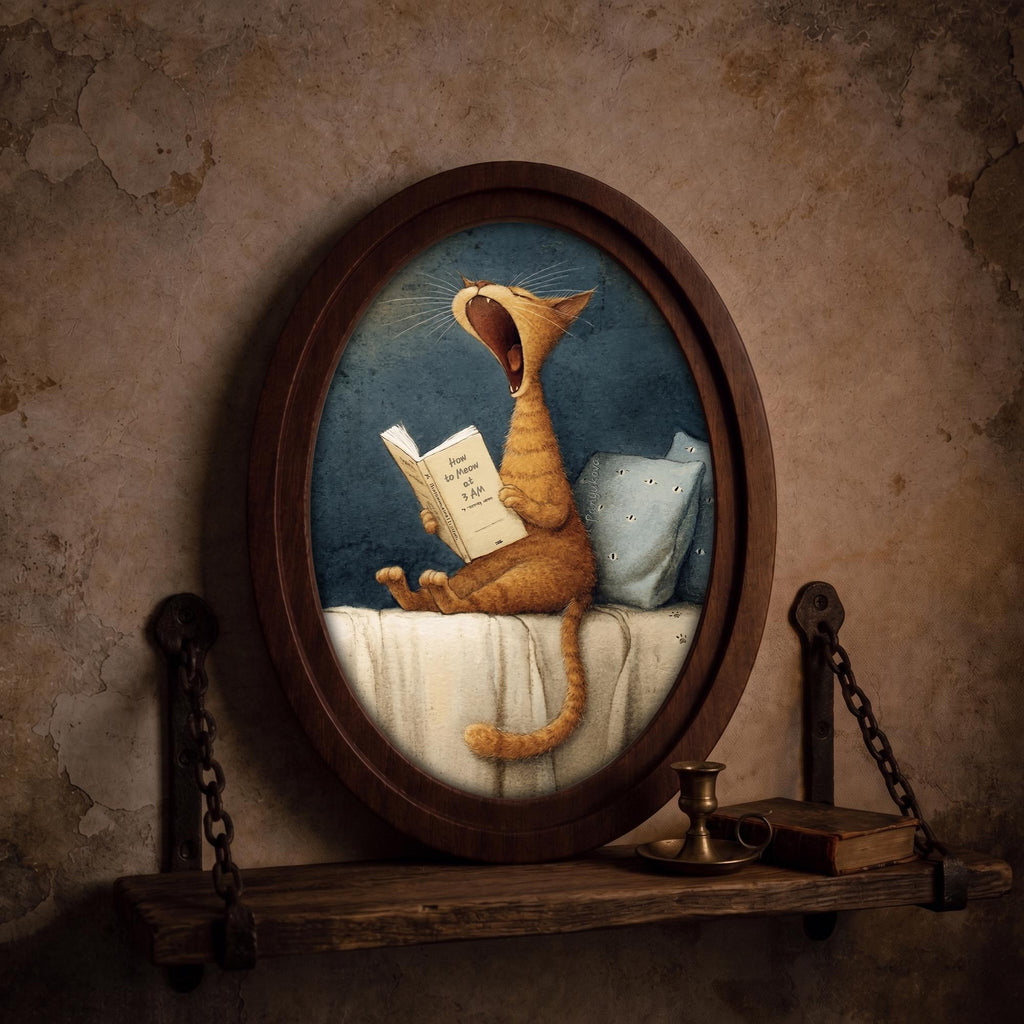 Funny Cat Reading Wall Art in Oval Wood Frame, Cute Cat Canvas Print, Whimsical Animal Decor, Cozy Bedroom Wall Art