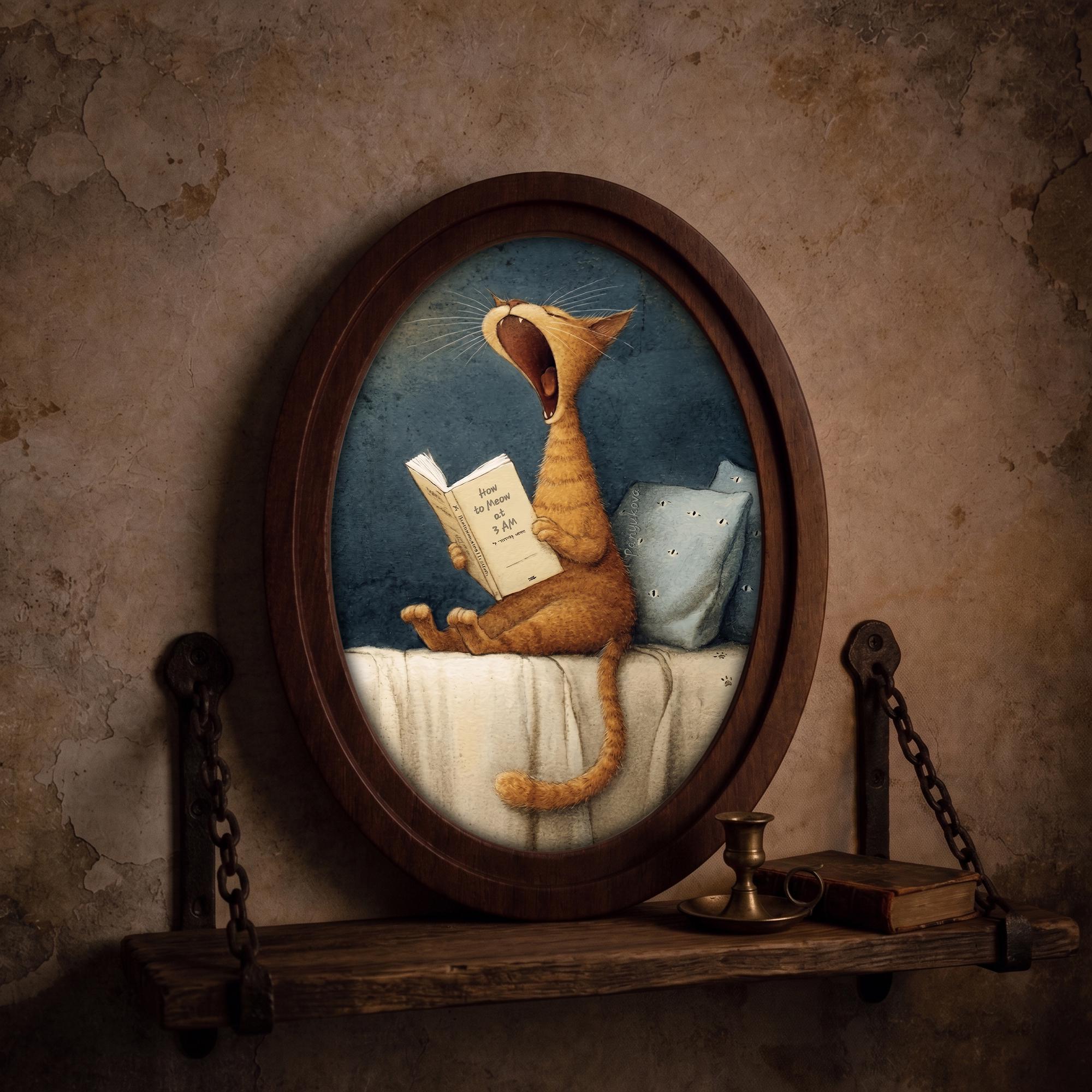 Funny Cat Reading Wall Art in Oval Wood Frame, Cute Cat Canvas Print, Whimsical Animal Decor, Cozy Bedroom Wall Art