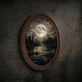 Dark Moon Landscape Wall Art in Oval Wood Frame, Gothic Night Canvas, Moody Forest Decor, Full Moon Painting