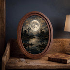 Dark Moon Landscape Wall Art in Oval Wood Frame, Gothic Night Canvas, Moody Forest Decor, Full Moon Painting
