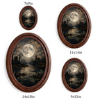 Dark Moon Landscape Wall Art in Oval Wood Frame, Gothic Night Canvas, Moody Forest Decor, Full Moon Painting