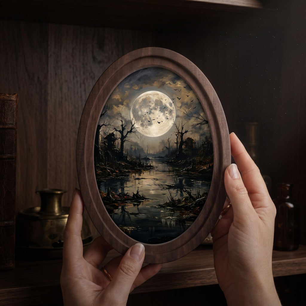 Dark Moon Landscape Wall Art in Oval Wood Frame, Gothic Night Canvas, Moody Forest Decor, Full Moon Painting