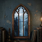 Fantasy Castle Print, Gothic Window Wall Art, Flying Dragon Painting, Cathedral Arch Frame, Dark Academia Decor, Wood Laser Cut Layered Art