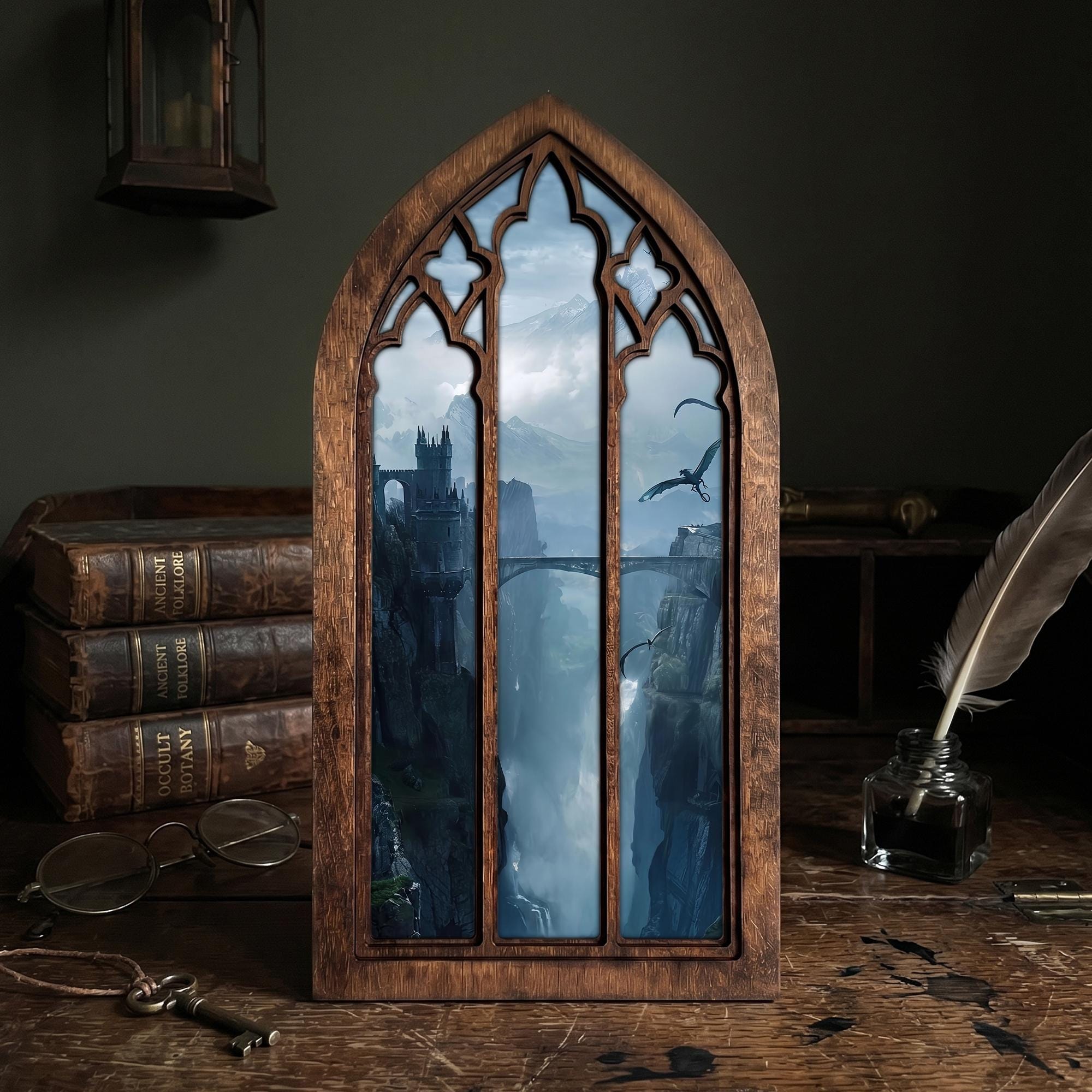Fantasy Castle Print, Gothic Window Wall Art, Flying Dragon Painting, Cathedral Arch Frame, Dark Academia Decor, Wood Laser Cut Layered Art
