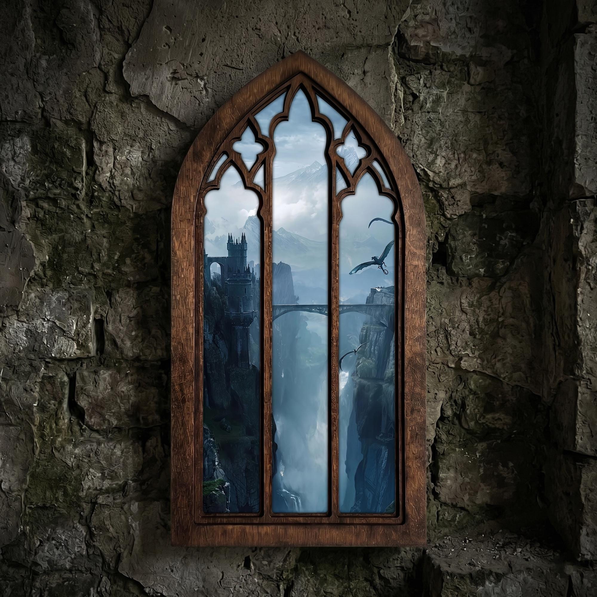Fantasy Castle Print, Gothic Window Wall Art, Flying Dragon Painting, Cathedral Arch Frame, Dark Academia Decor, Wood Laser Cut Layered Art