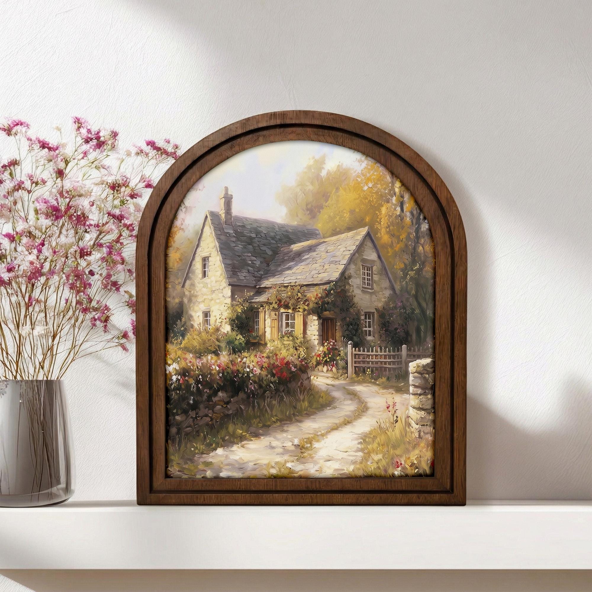 Cottagecore Wall Art, Cottage Painting, Country Home Decor, Landscape Canvas Print, Rustic Wood Framed Art, Vintage House Poster, Gift