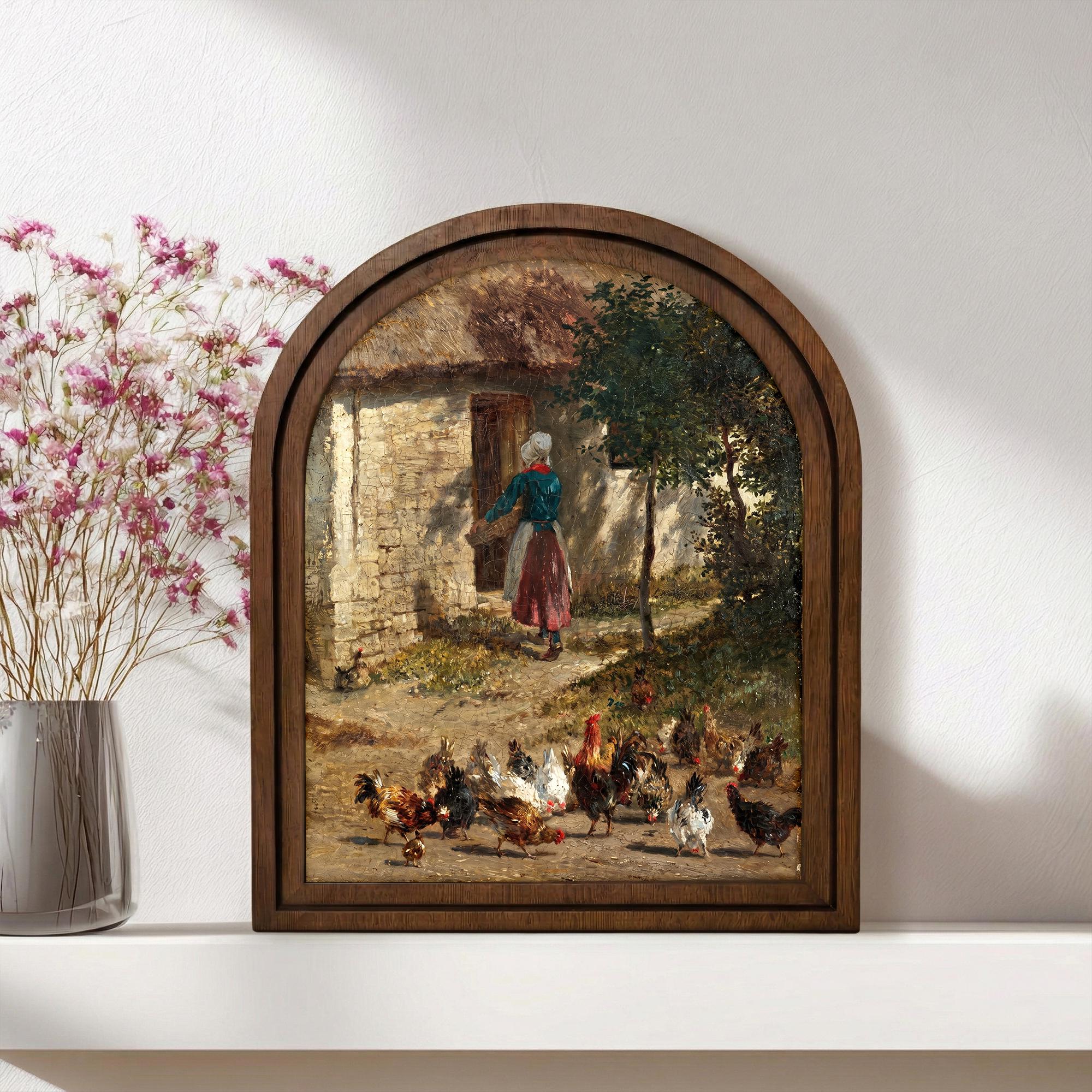 Vintage Farmhouse Chicken Painting, Arched Wood Frame Country Wall Art, Rustic Woman Feeding Chickens Decor, 3-Layer Plywood Canvas Artwork