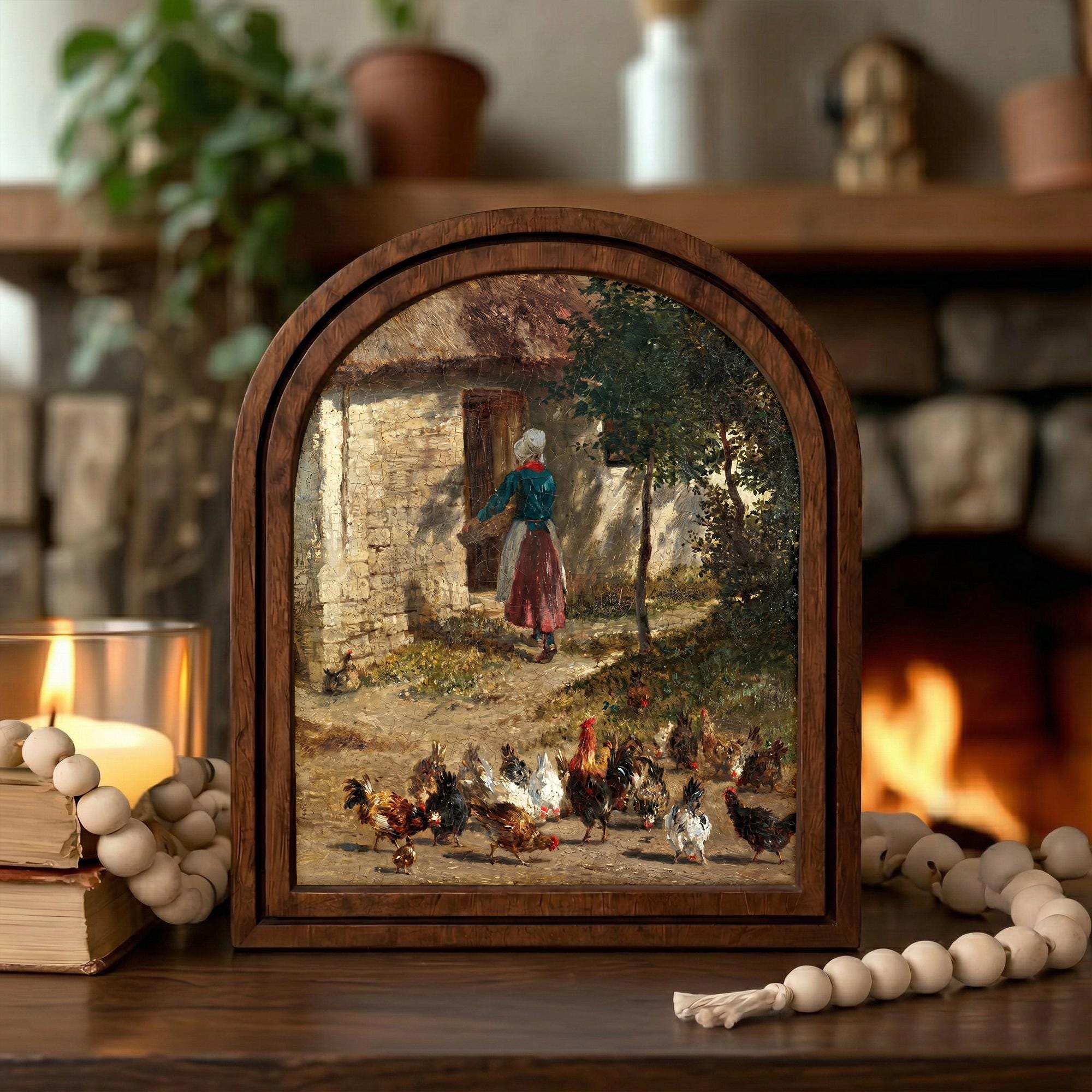 Vintage Farmhouse Chicken Painting, Arched Wood Frame Country Wall Art, Rustic Woman Feeding Chickens Decor, 3-Layer Plywood Canvas Artwork