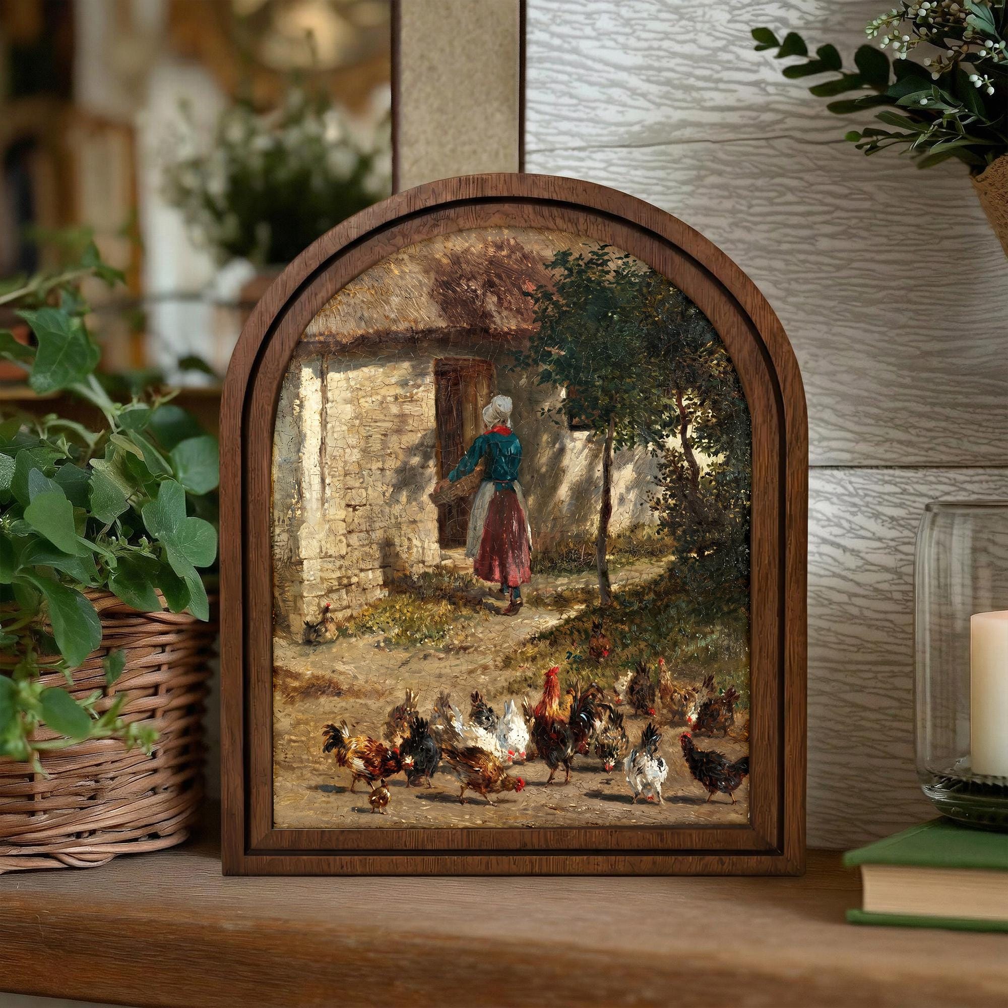 Vintage Farmhouse Chicken Painting, Arched Wood Frame Country Wall Art, Rustic Woman Feeding Chickens Decor, 3-Layer Plywood Canvas Artwork