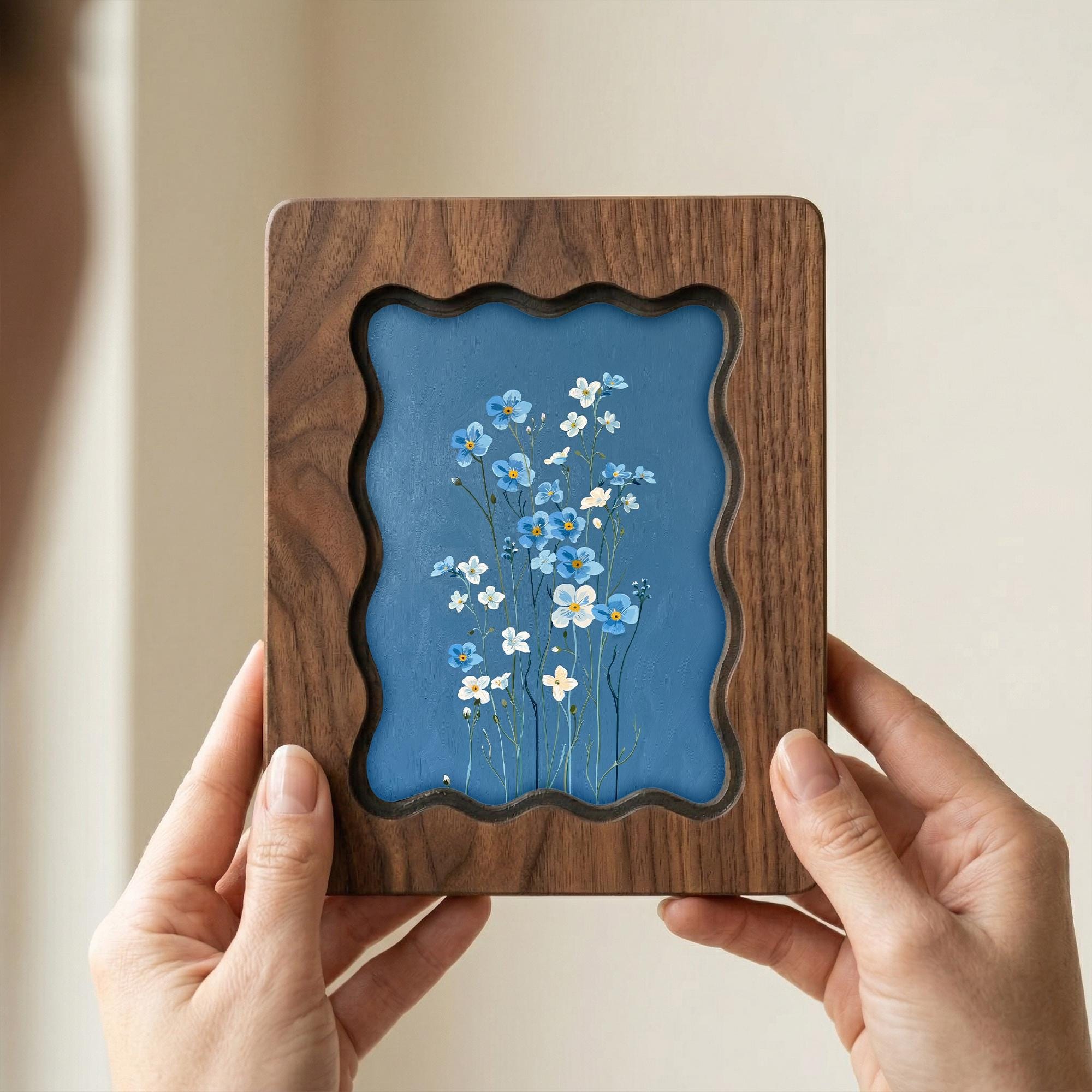 Forget Me Not Art, Blue Flower Wood Frame, Memorial Gift, Botanical Wall Decor, Minimalist Floral Print, Laser Cut Wood Art, Birthday Gift