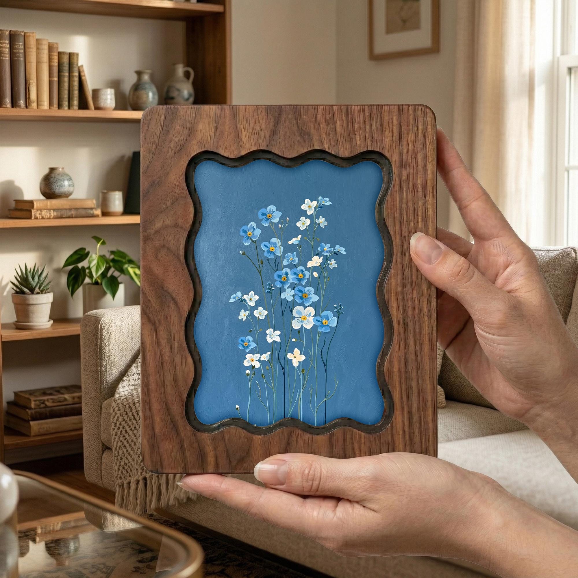 Forget Me Not Art, Blue Flower Wood Frame, Memorial Gift, Botanical Wall Decor, Minimalist Floral Print, Laser Cut Wood Art, Birthday Gift