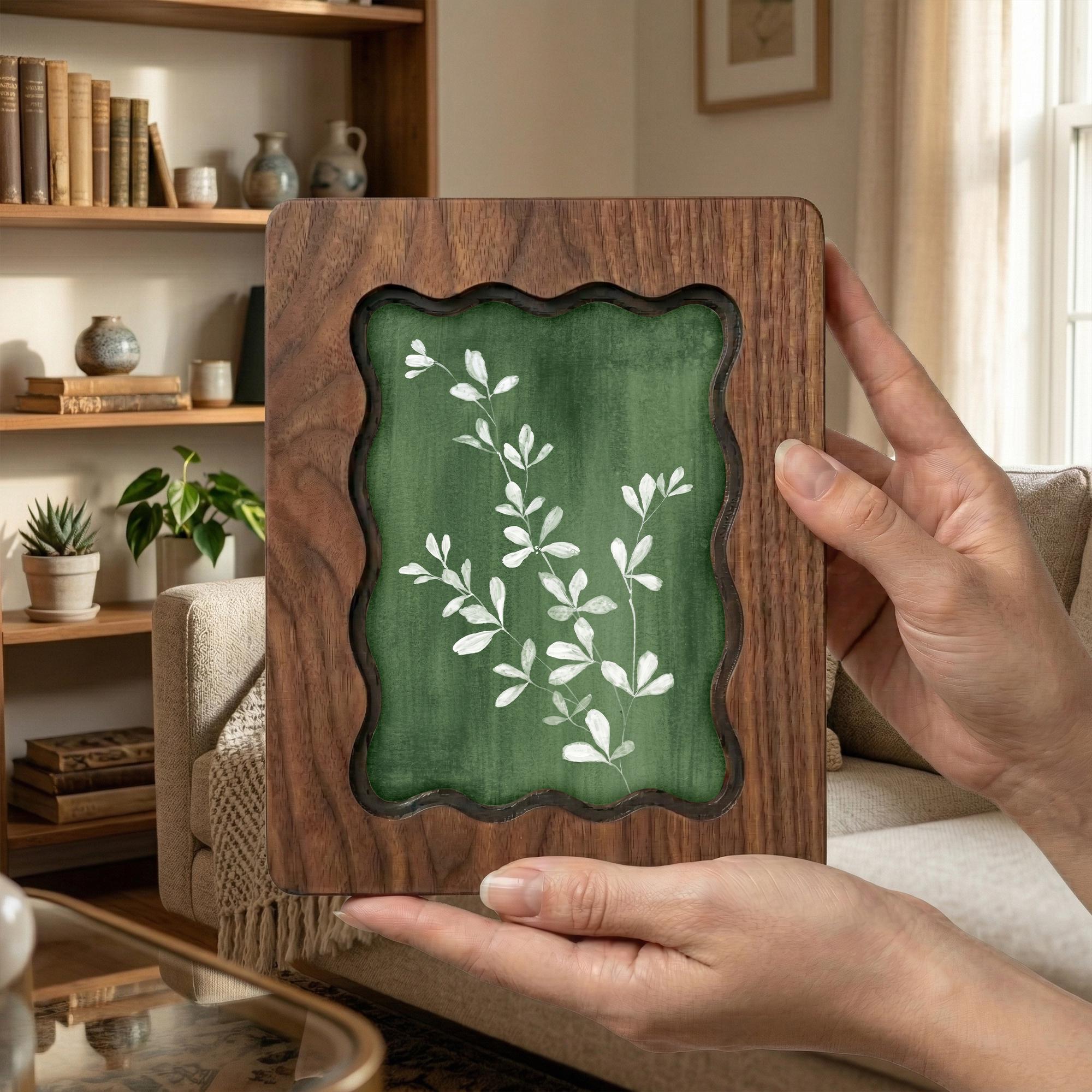 Forest Green Wall Art, White Botanical Wood Frame, Moody Plant Decor, Dark Academia Aesthetic, Housewarming Gift, Laser Cut Wood Artwork