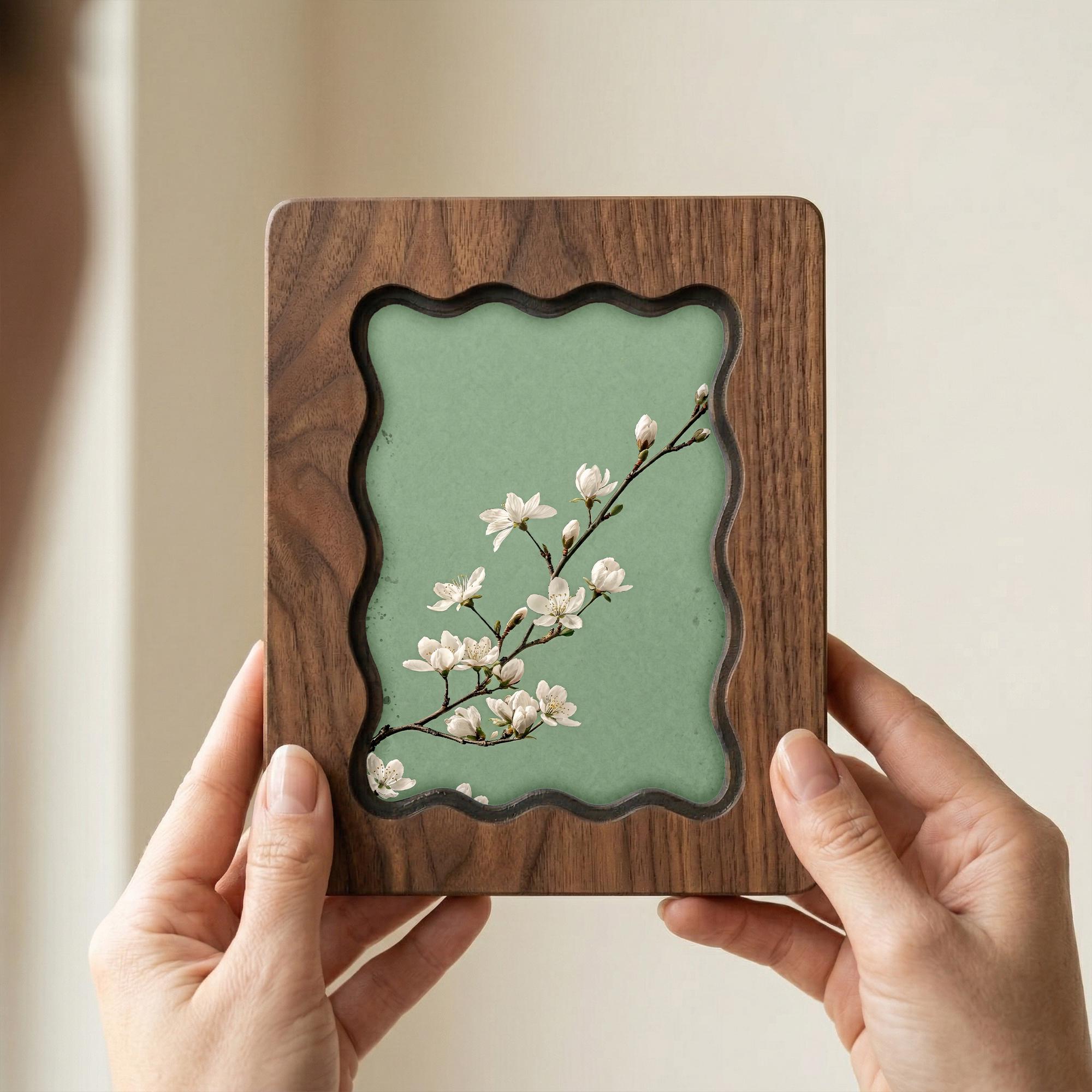 Sage Green Wall Art, White Blossom Wood Frame, Japandi Botanical Decor, Minimalist Flower Print, Housewarming Gift, Laser Cut Wood Artwork