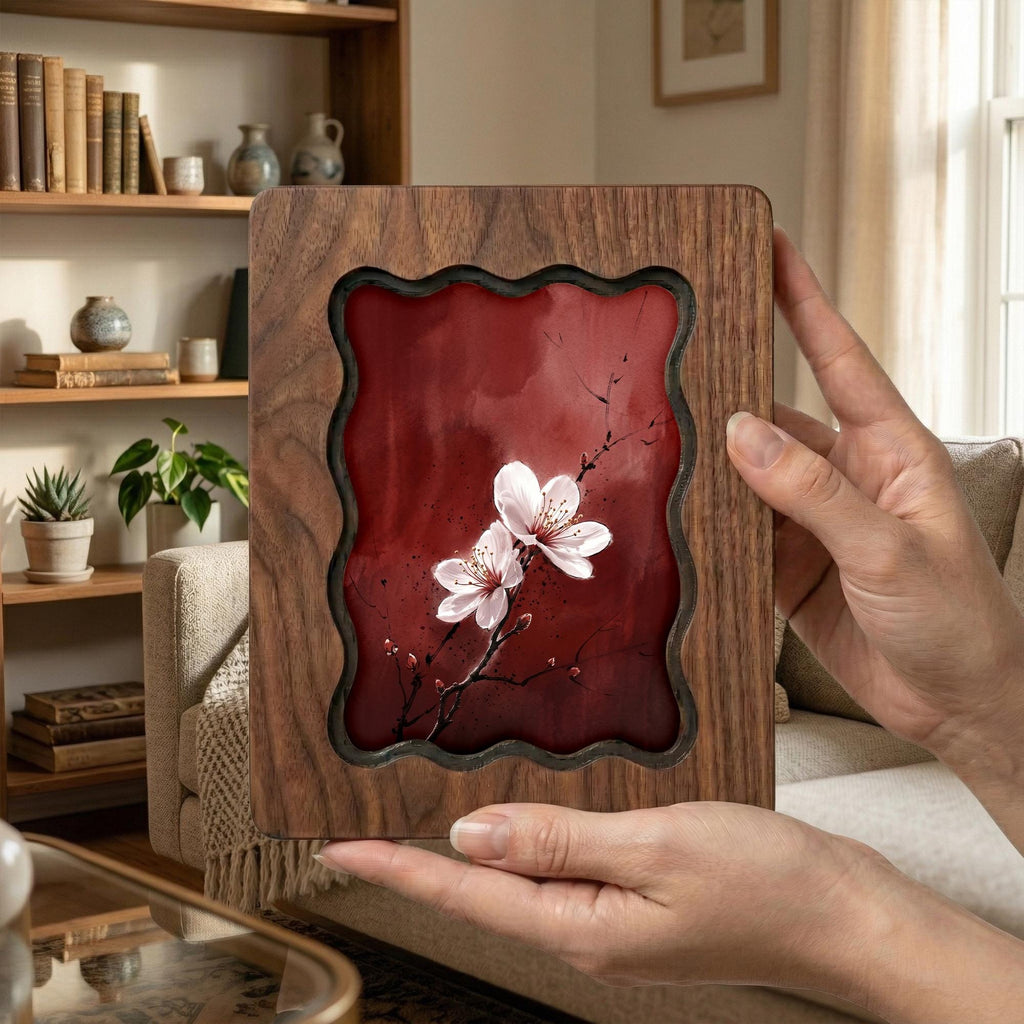 Cherry Blossom Wall Art, Japanese Floral Wood Frame, Zen Botanical Decor, Moody Red Flower Print, Housewarming Gift, Laser Cut Wood Artwork