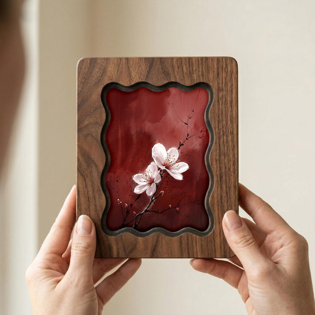 Cherry Blossom Wall Art, Japanese Floral Wood Frame, Zen Botanical Decor, Moody Red Flower Print, Housewarming Gift, Laser Cut Wood Artwork