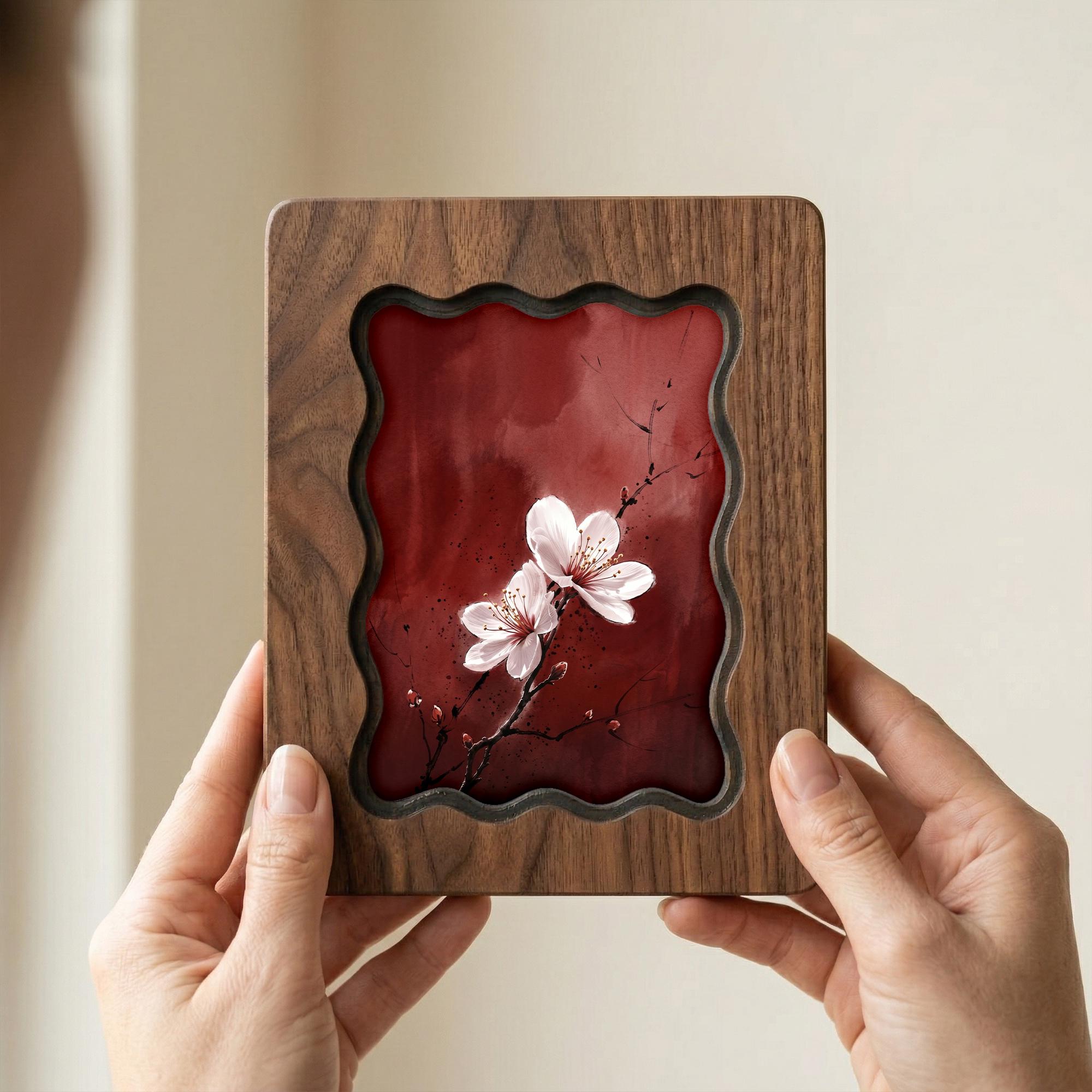 Cherry Blossom Wall Art, Japanese Floral Wood Frame, Zen Botanical Decor, Moody Red Flower Print, Housewarming Gift, Laser Cut Wood Artwork