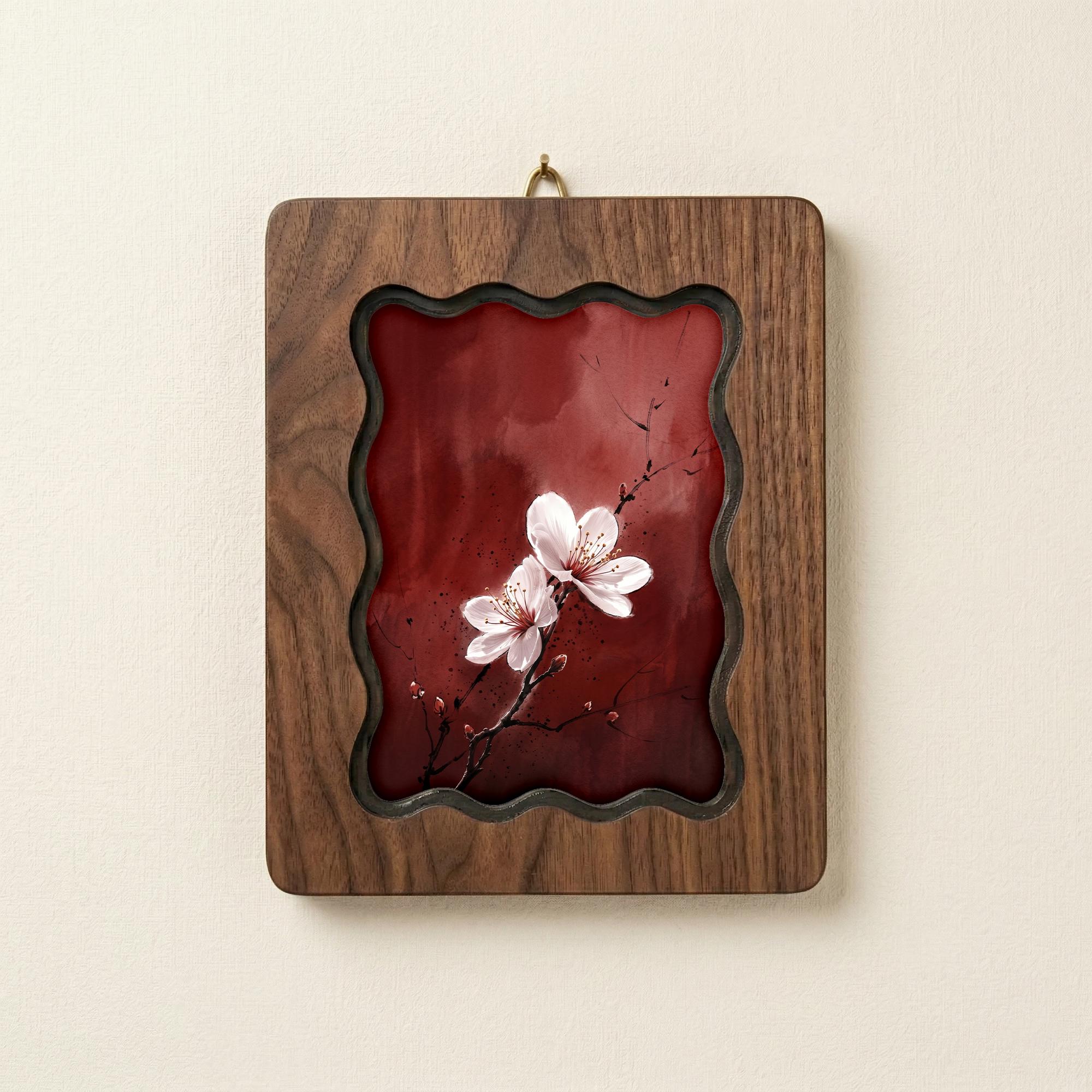 Cherry Blossom Wall Art, Japanese Floral Wood Frame, Zen Botanical Decor, Moody Red Flower Print, Housewarming Gift, Laser Cut Wood Artwork