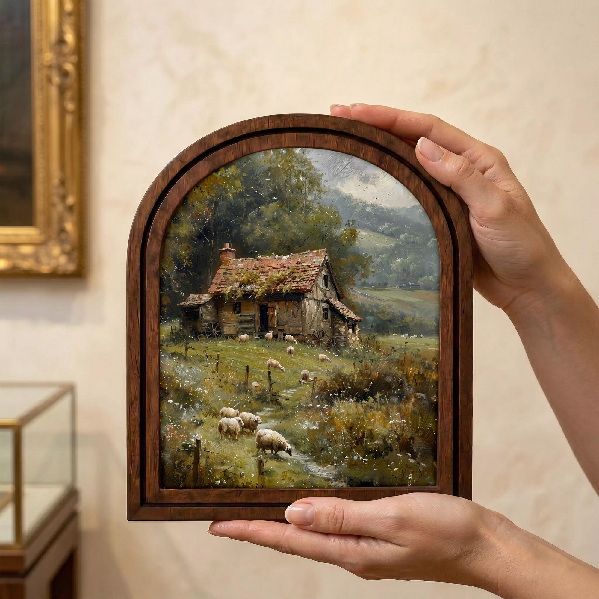 Farmhouse Wall Art, Vintage Cottage Print, Country Landscape Decor, Cottagecore Painting, Rustic Wood Canvas Art, Sheep Pasture Poster, Gift