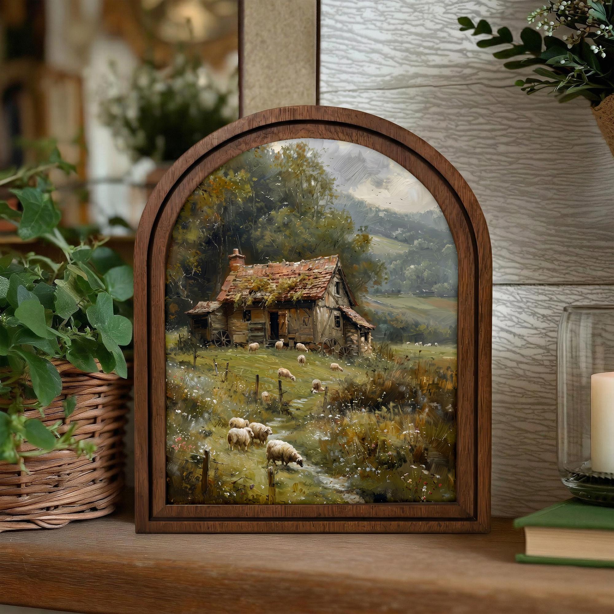 Farmhouse Wall Art, Vintage Cottage Print, Country Landscape Decor, Cottagecore Painting, Rustic Wood Canvas Art, Sheep Pasture Poster, Gift