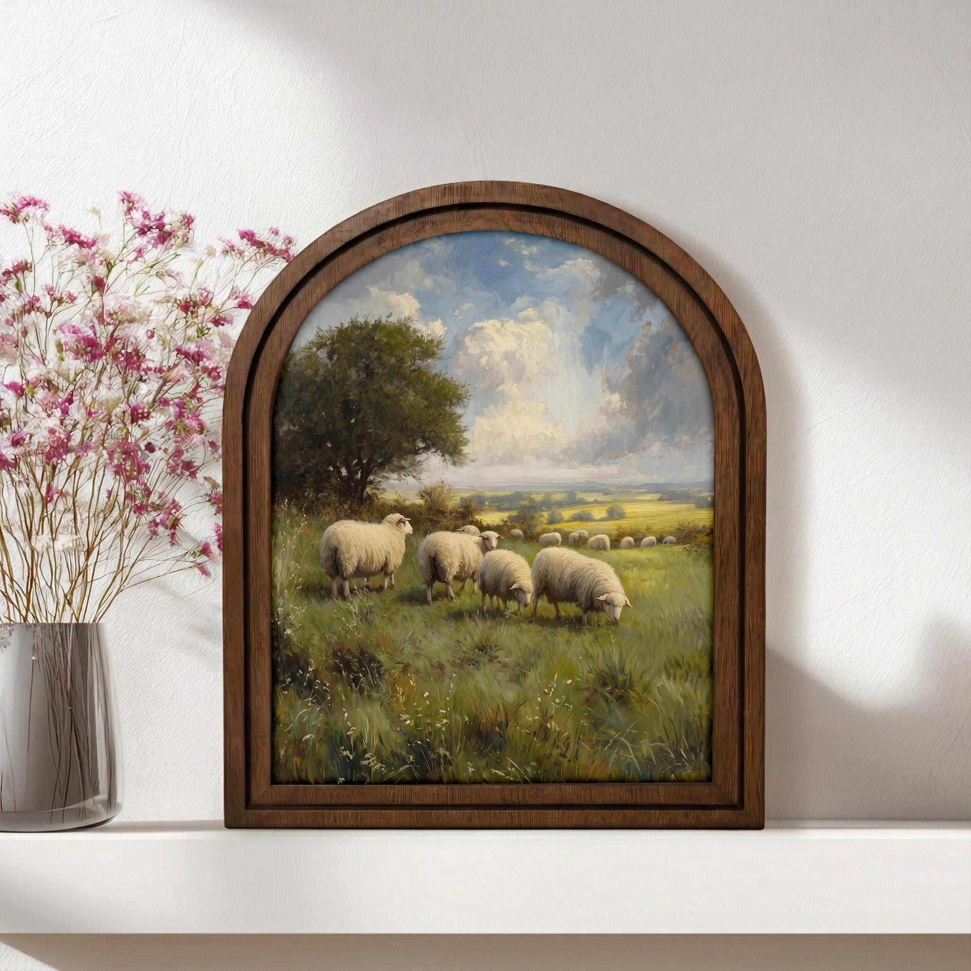 Farmhouse Wall Art, Vintage Sheep Print, Country Landscape Art, Cottagecore Decor, Rustic Wood Canvas Art, Meadow Pasture Poster, Gift