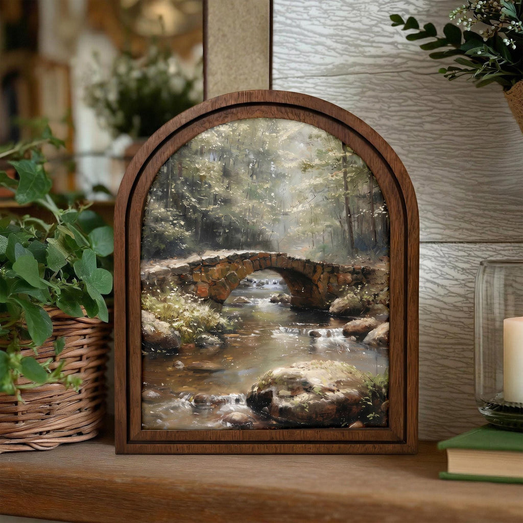 Arched Landscape Frame, Stone Bridge Art, Nature Canvas Painting, Rustic Wood Frame, Forest Stream Print, 3D Layered Frame, Wall Hanging Art