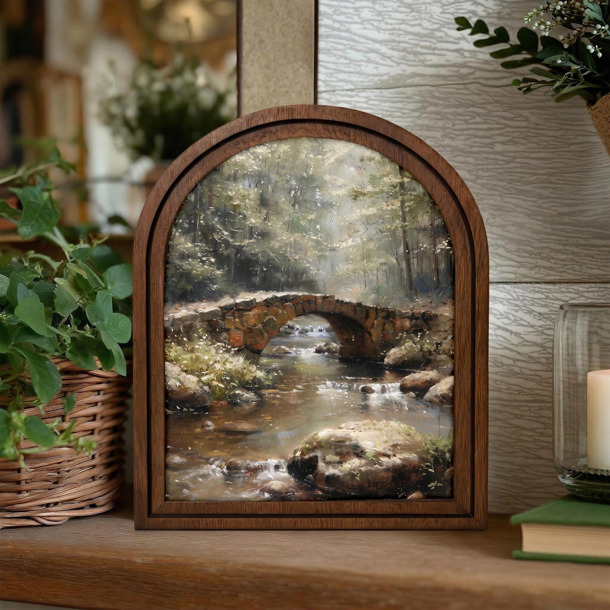 Arched Landscape Frame, Stone Bridge Art, Nature Canvas Painting, Rustic Wood Frame, Forest Stream Print, 3D Layered Frame, Wall Hanging Art