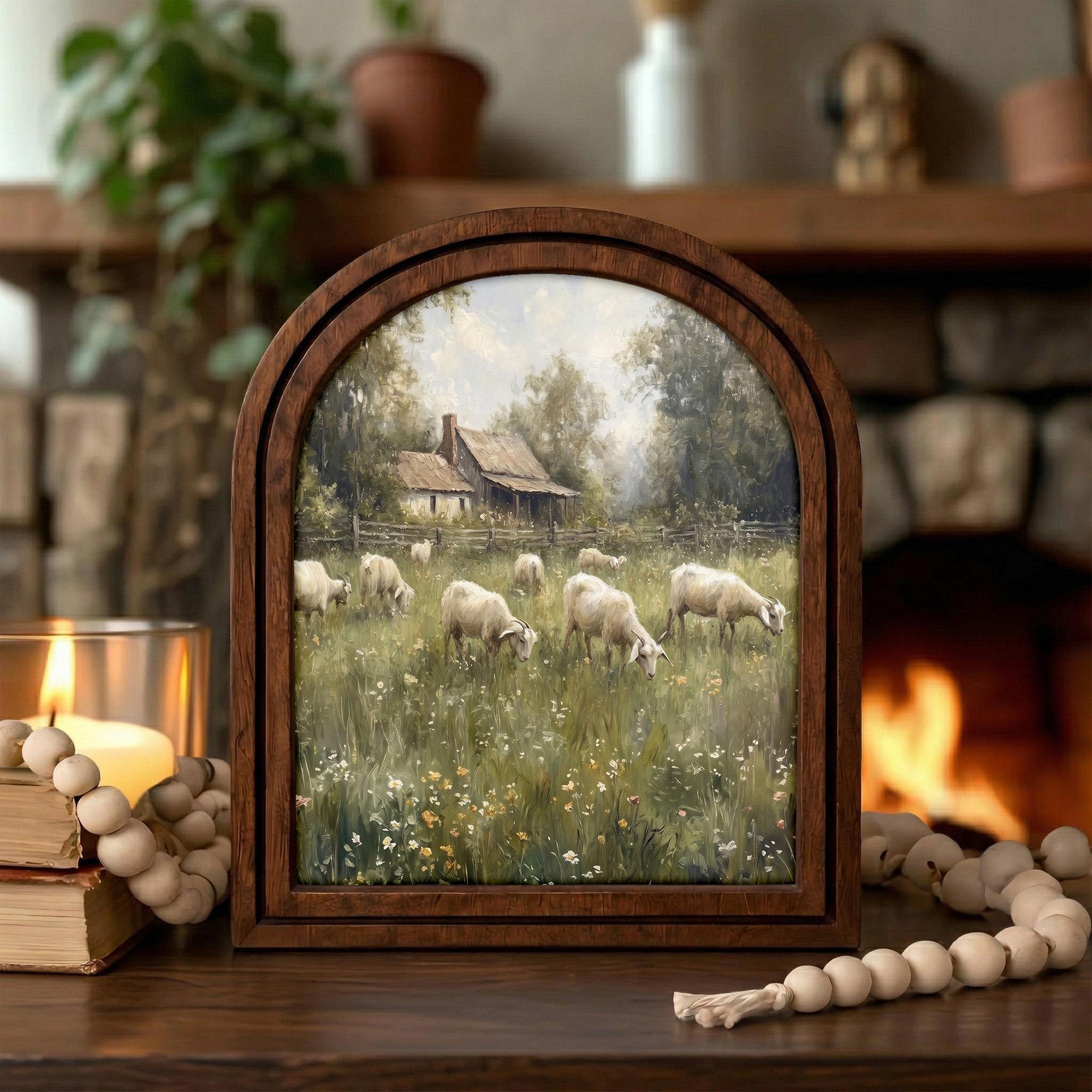 Farmhouse Wall Art, Vintage Goat Painting, Country Landscape Print, Cottagecore Decor, Rustic Wood Canvas Art, Antique Barn Poster, Gift
