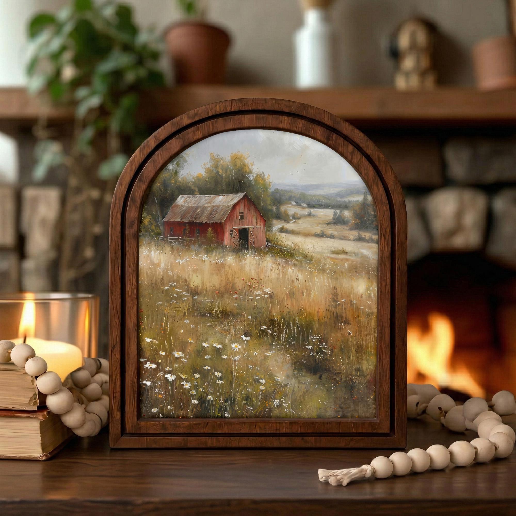 Vintage Red Barn Landscape Oil Painting Wood Frame Art, Arched Farmhouse Canvas on 3-Layer Plywood, Rustic Decor