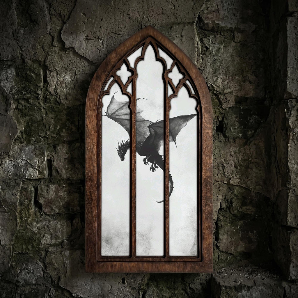 Flying Dragon Painting, Gothic Window Wall Art, Mythical Beast Decor, Cathedral Arch Frame, Dark Academia Print, Wood Laser Cut Layered Art