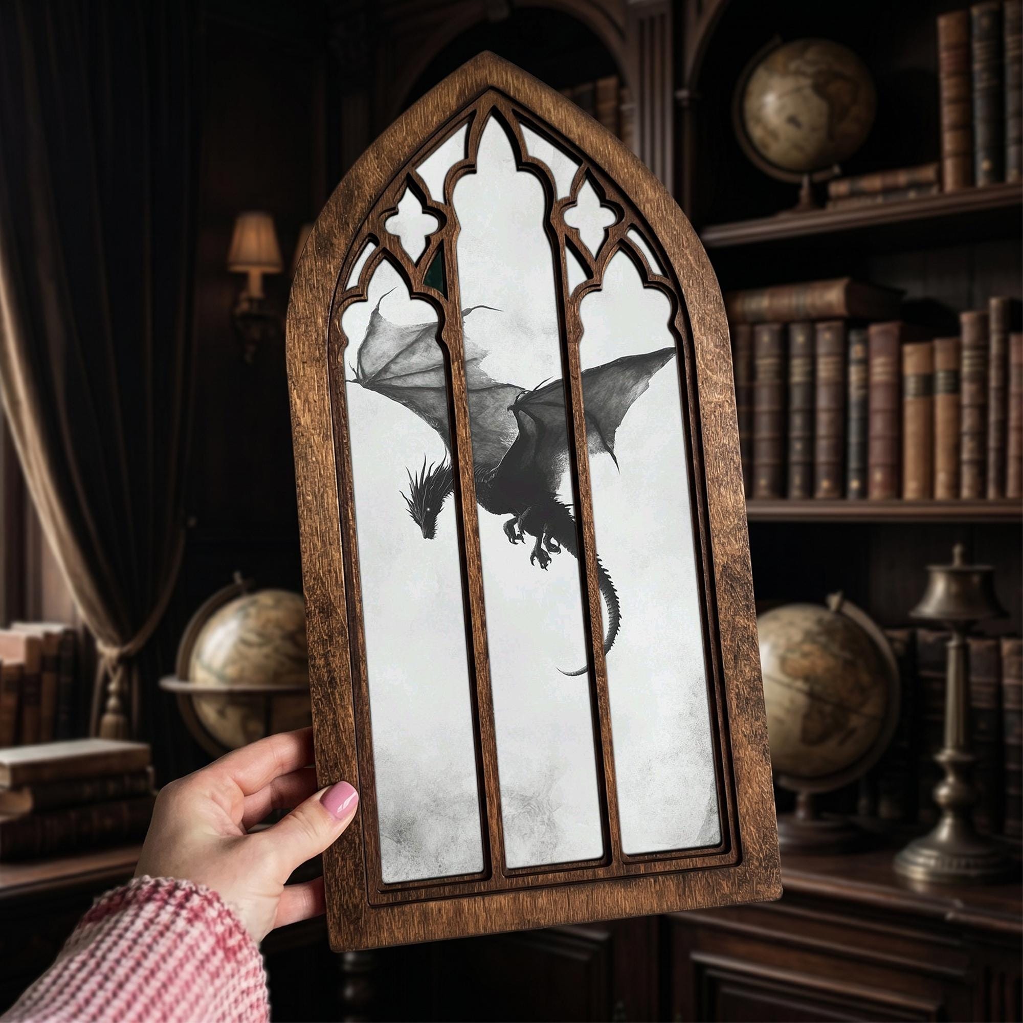Flying Dragon Painting, Gothic Window Wall Art, Mythical Beast Decor, Cathedral Arch Frame, Dark Academia Print, Wood Laser Cut Layered Art
