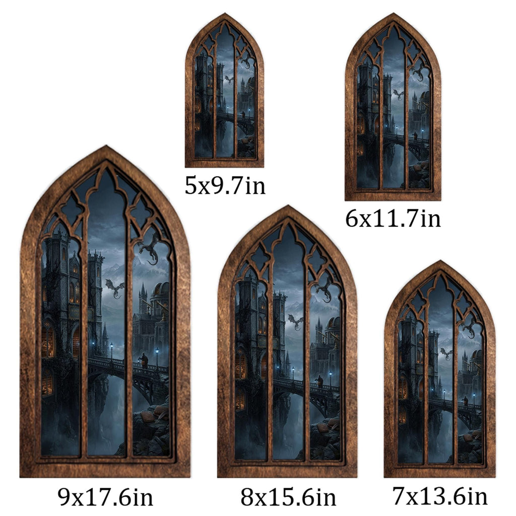 Wizard Academy Print, Gothic Window Wall Art, Magical Castle Painting, Cathedral Arch Frame, Dark Academia Decor, Wood Laser Cut Layered Art