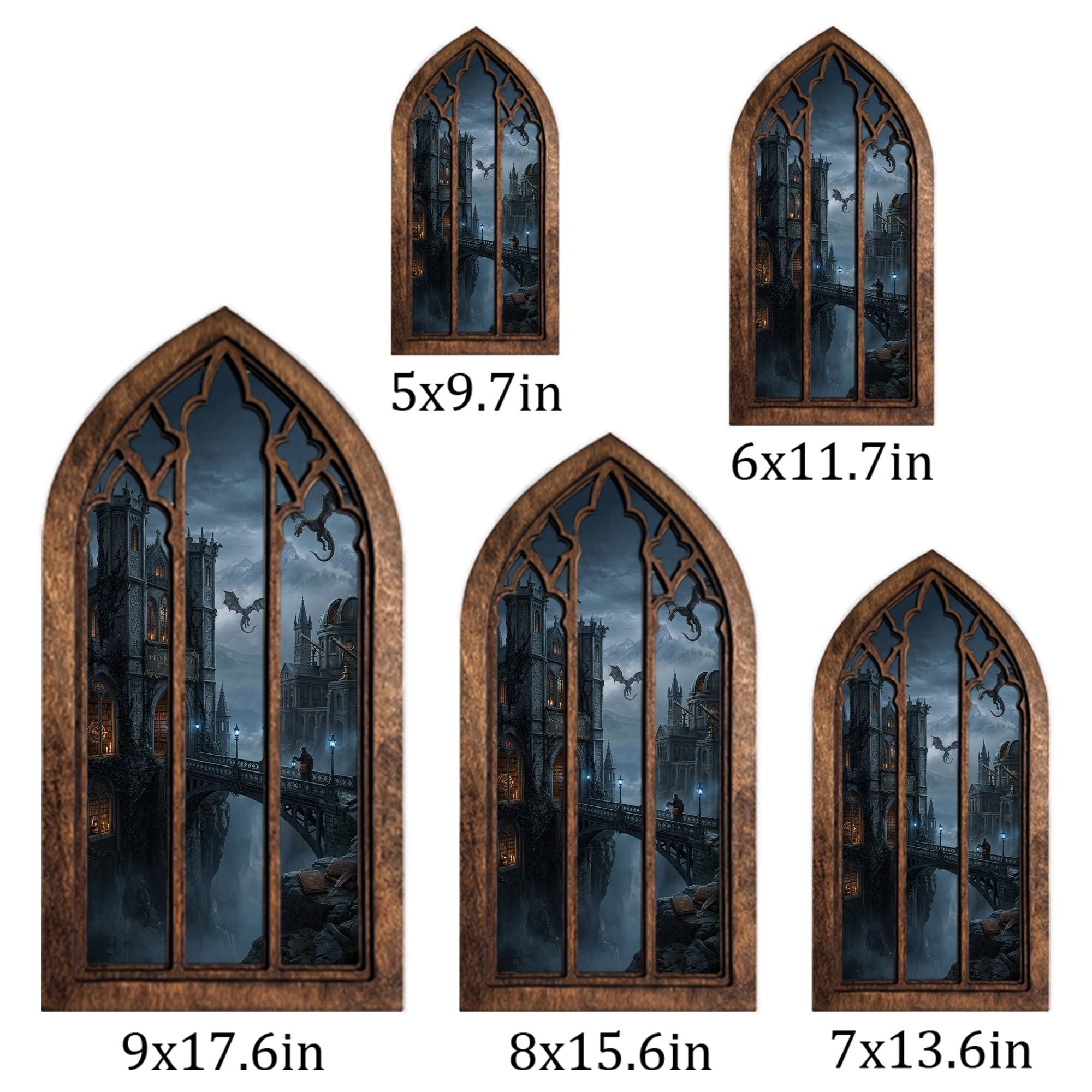 Wizard Academy Print, Gothic Window Wall Art, Magical Castle Painting, Cathedral Arch Frame, Dark Academia Decor, Wood Laser Cut Layered Art