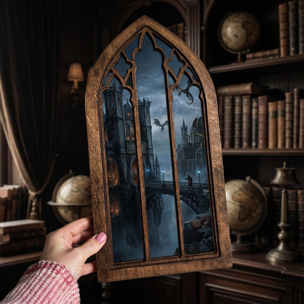 Wizard Academy Print, Gothic Window Wall Art, Magical Castle Painting, Cathedral Arch Frame, Dark Academia Decor, Wood Laser Cut Layered Art