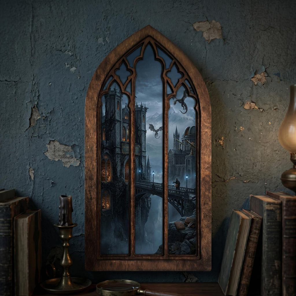 Wizard Academy Print, Gothic Window Wall Art, Magical Castle Painting, Cathedral Arch Frame, Dark Academia Decor, Wood Laser Cut Layered Art