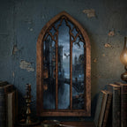 Wizard Academy Print, Gothic Window Wall Art, Magical Castle Painting, Cathedral Arch Frame, Dark Academia Decor, Wood Laser Cut Layered Art