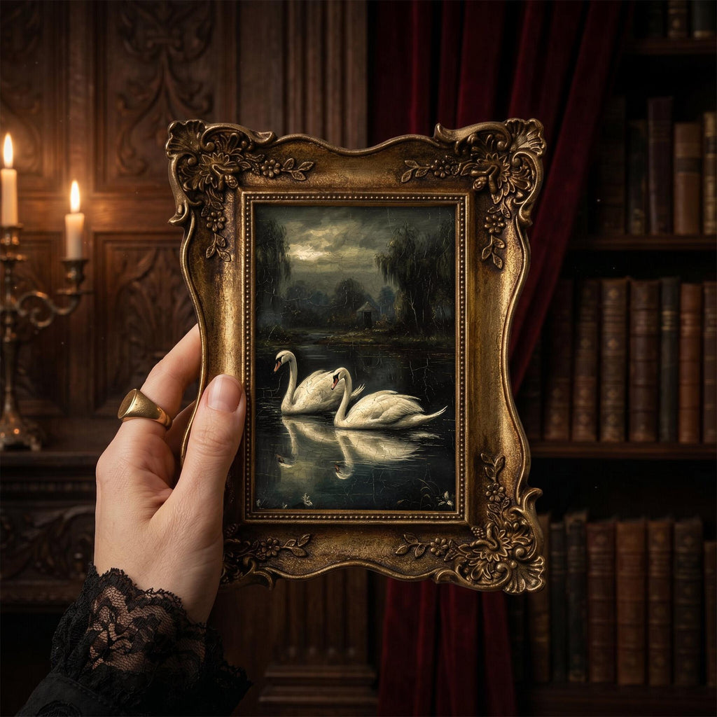 Swan Lake Oil Painting, Dark Academia Decor, Ornate Gold Picture Frame, Moody Swan Wall Art, Romantic Gothic Decor, Framed Canvas 6.7x8.7