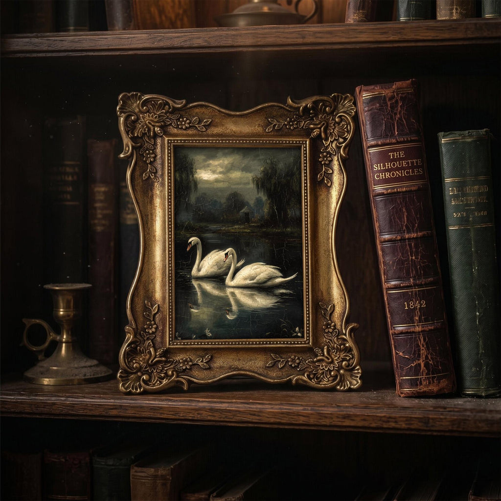 Swan Lake Oil Painting, Dark Academia Decor, Ornate Gold Picture Frame, Moody Swan Wall Art, Romantic Gothic Decor, Framed Canvas 6.7x8.7