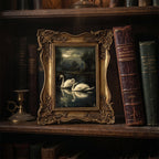 Swan Lake Oil Painting, Dark Academia Decor, Ornate Gold Picture Frame, Moody Swan Wall Art, Romantic Gothic Decor, Framed Canvas 6.7x8.7
