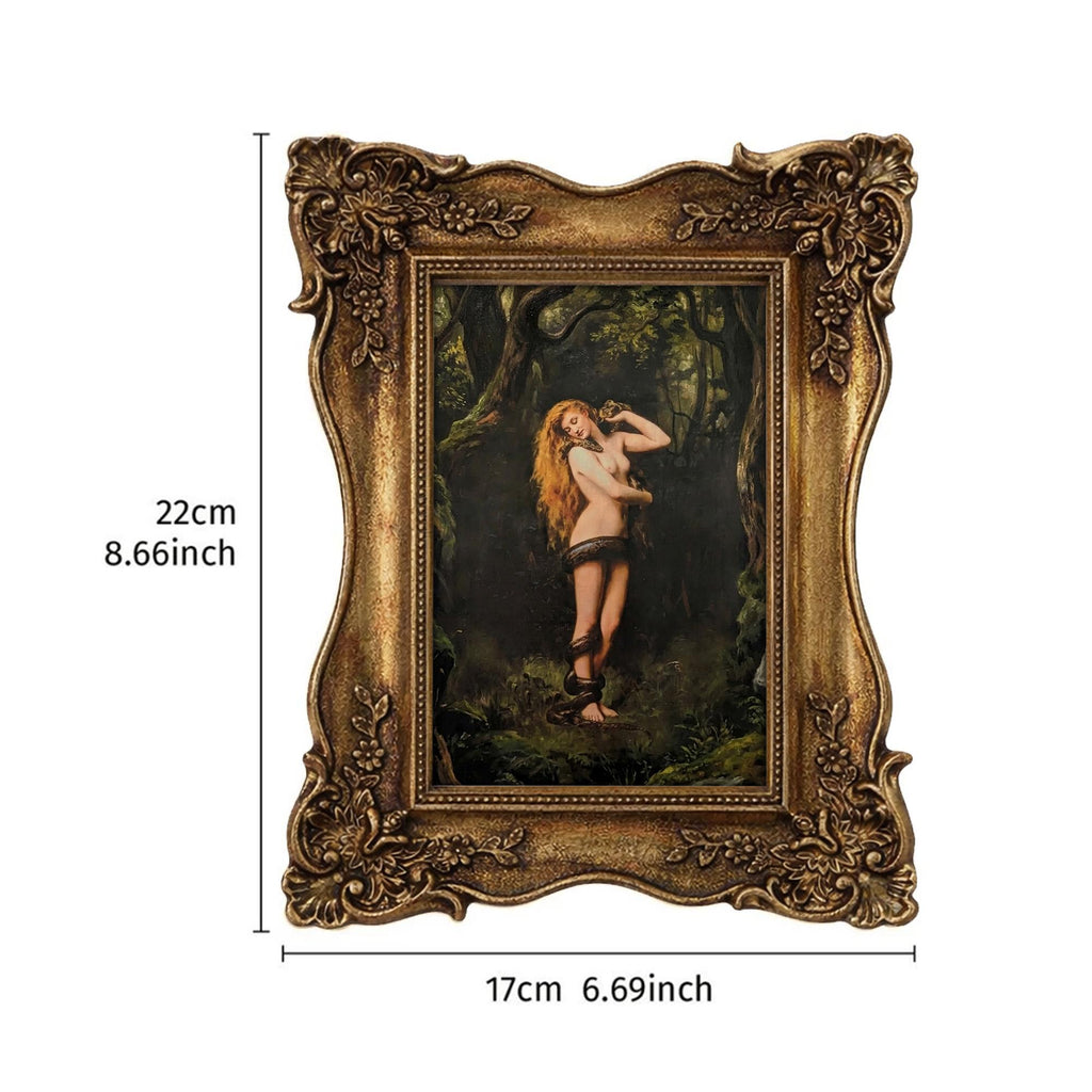 Lilith and Snake Oil Painting, Dark Academia Goddess Wall Art, Mythological Woman Framed Canvas, Gothic Forest Decor, Vintage Golden Frame