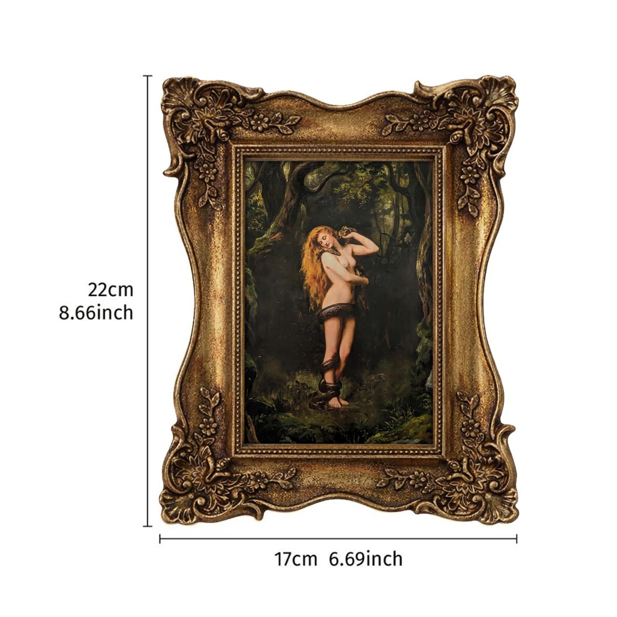 Lilith and Snake Oil Painting, Dark Academia Goddess Wall Art, Mythological Woman Framed Canvas, Gothic Forest Decor, Vintage Golden Frame