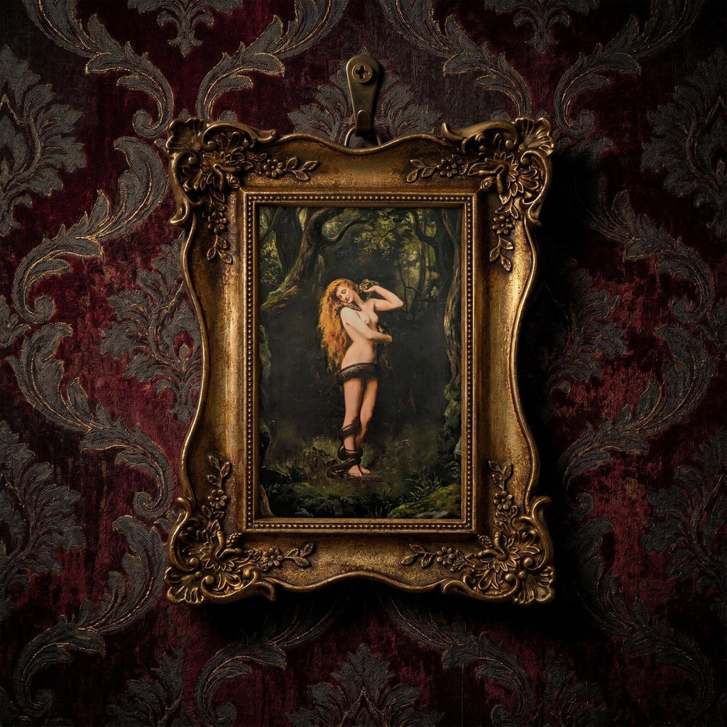 Lilith and Snake Oil Painting, Dark Academia Goddess Wall Art, Mythological Woman Framed Canvas, Gothic Forest Decor, Vintage Golden Frame
