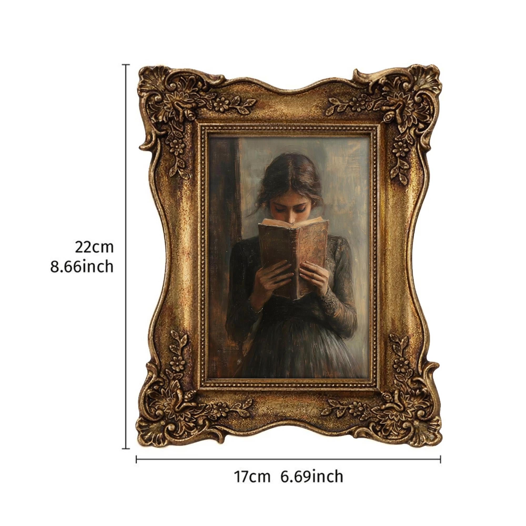Vintage Woman Reading Painting, Ornate Gold Framed Dark Academia Decor, Moody Book Lover Wall Art, High-Quality Resin Frame & Canvas Print