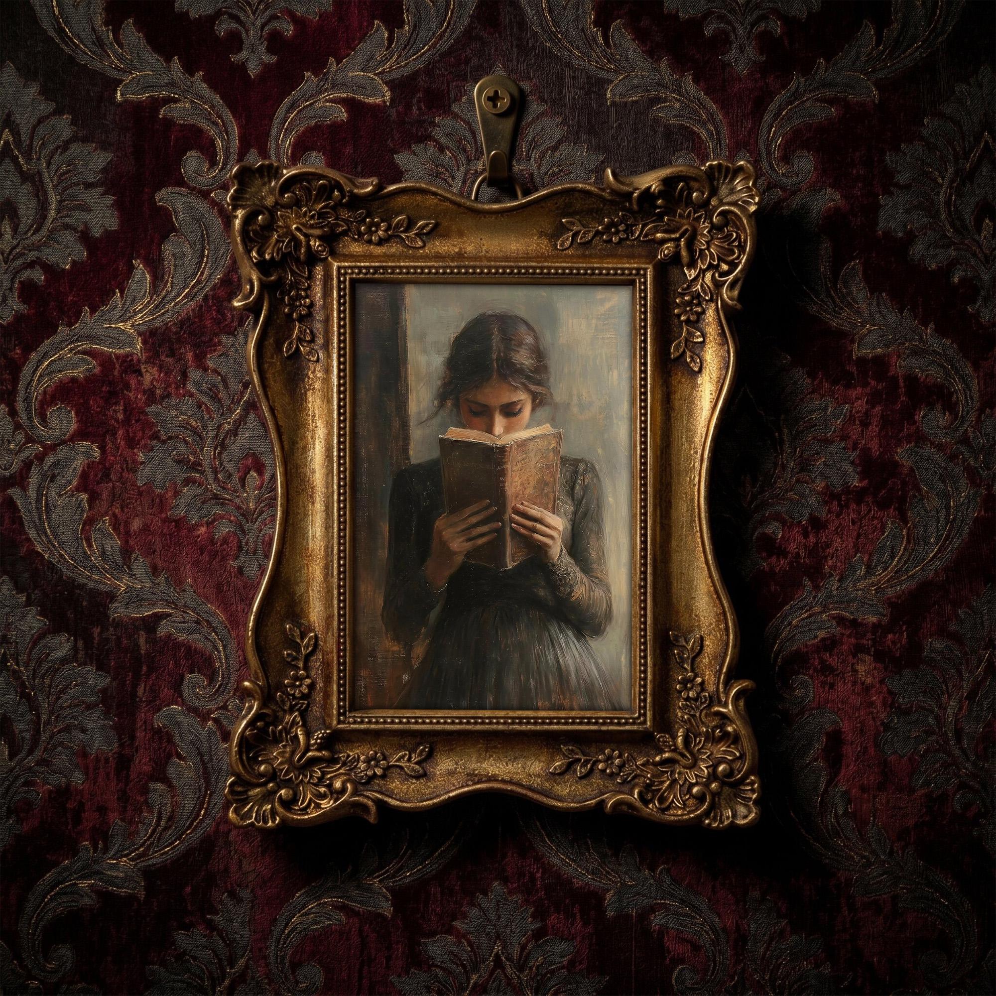 Vintage Woman Reading Painting, Ornate Gold Framed Dark Academia Decor, Moody Book Lover Wall Art, High-Quality Resin Frame & Canvas Print
