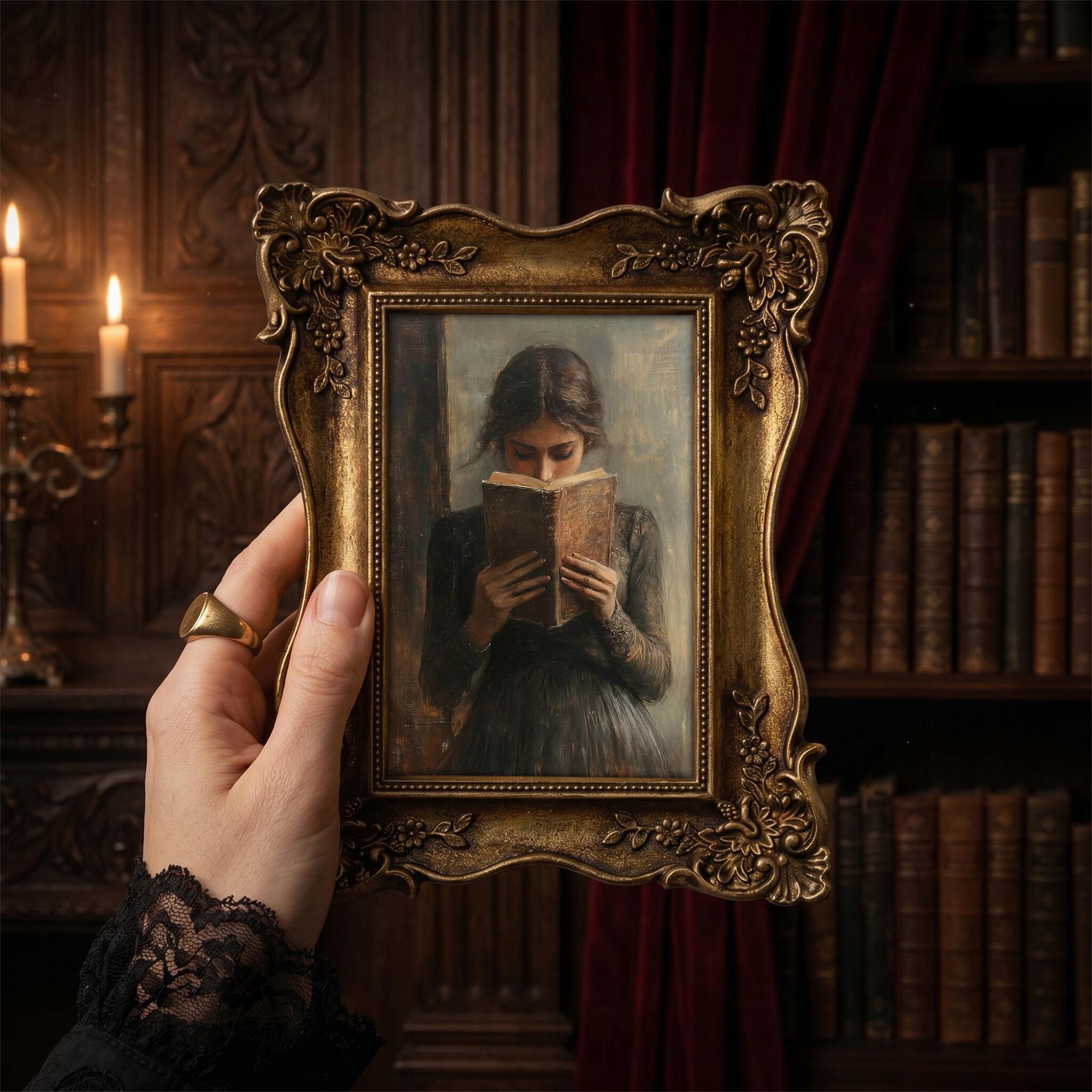 Vintage Woman Reading Painting, Ornate Gold Framed Dark Academia Decor, Moody Book Lover Wall Art, High-Quality Resin Frame & Canvas Print