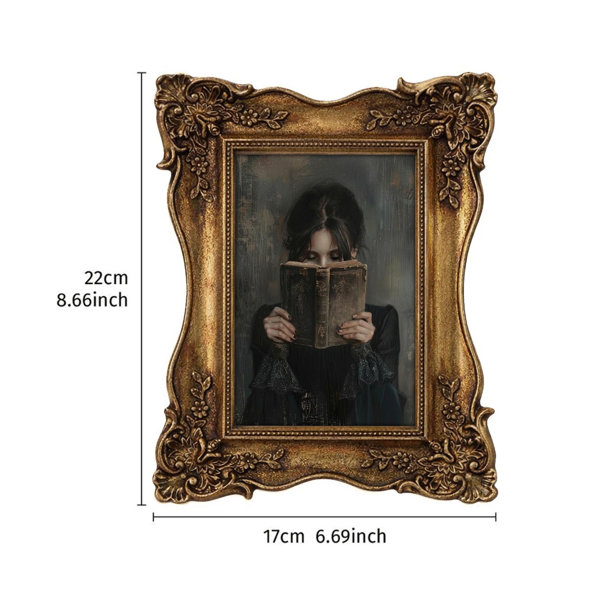 Moody Gothic Woman Reading Painting, Ornate Gold Framed Dark Academia Decor, Vintage Mystery Wall Art