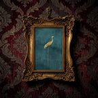 Gold Crane Wall Art, Teal Chinoiserie Decor, Ornate Gold Picture Frame, Heron Canvas Painting, Dark Academia Art, Vintage Style Decor