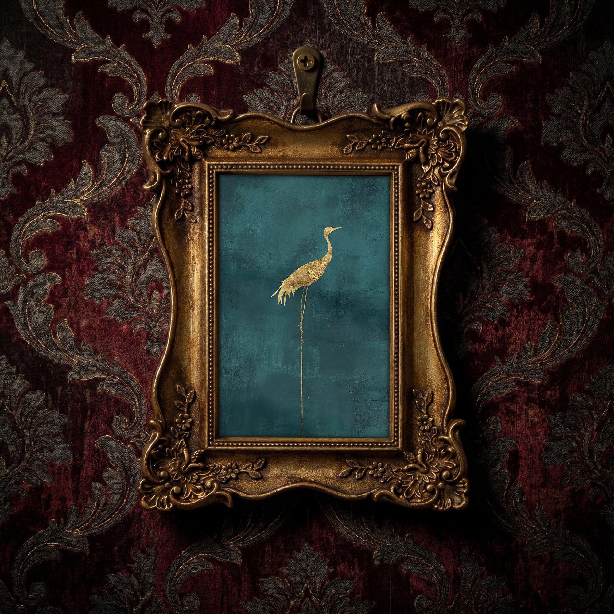 Gold Crane Wall Art, Teal Chinoiserie Decor, Ornate Gold Picture Frame, Heron Canvas Painting, Dark Academia Art, Vintage Style Decor