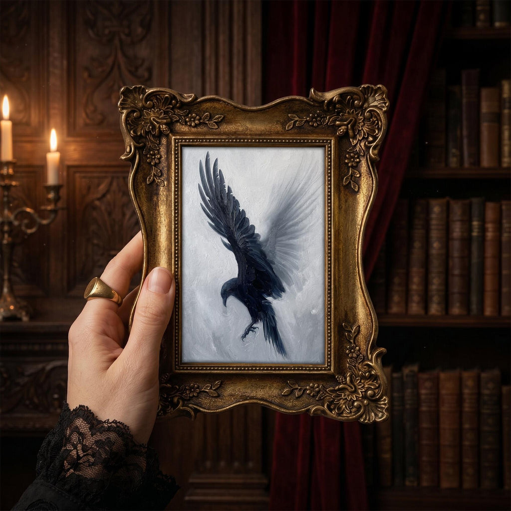 Dark Academia Crow Art Gold Ornate Picture Frame, Gothic Wall Decor, Moody Raven Painting on Canvas, Victorian Style Framed Art, 6.7x8.7 in